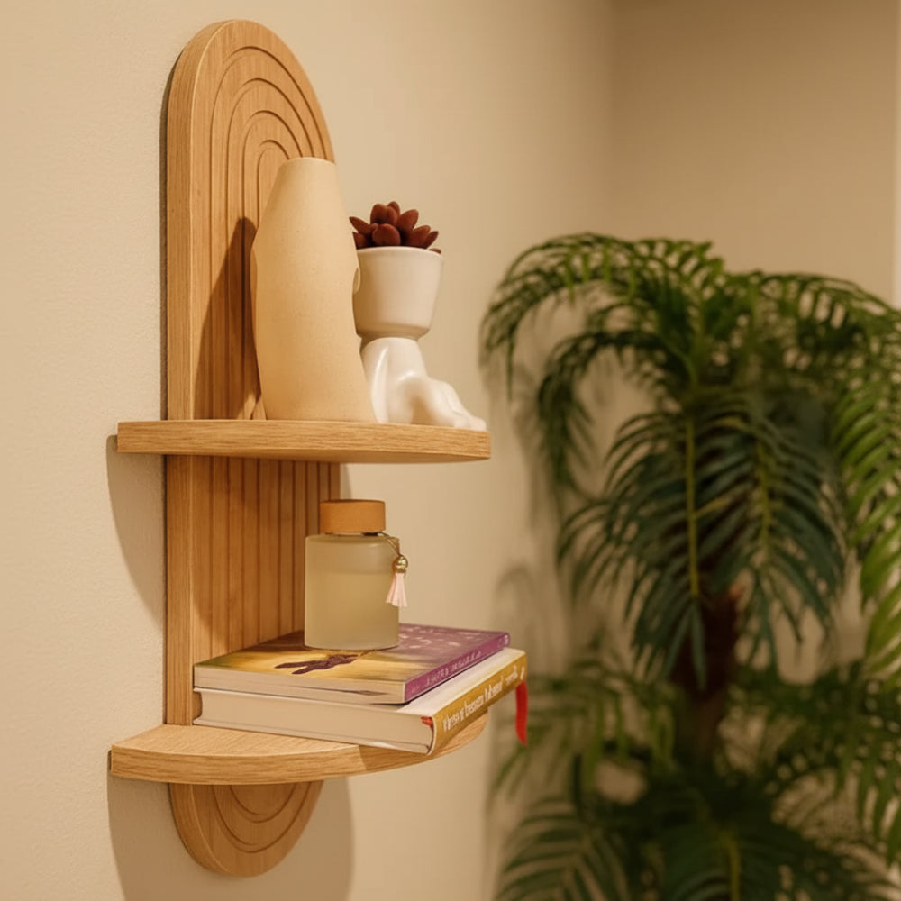 Vägghylla i trä med 2 hyllplan – regnbågsdesign | skandinavisk inredning