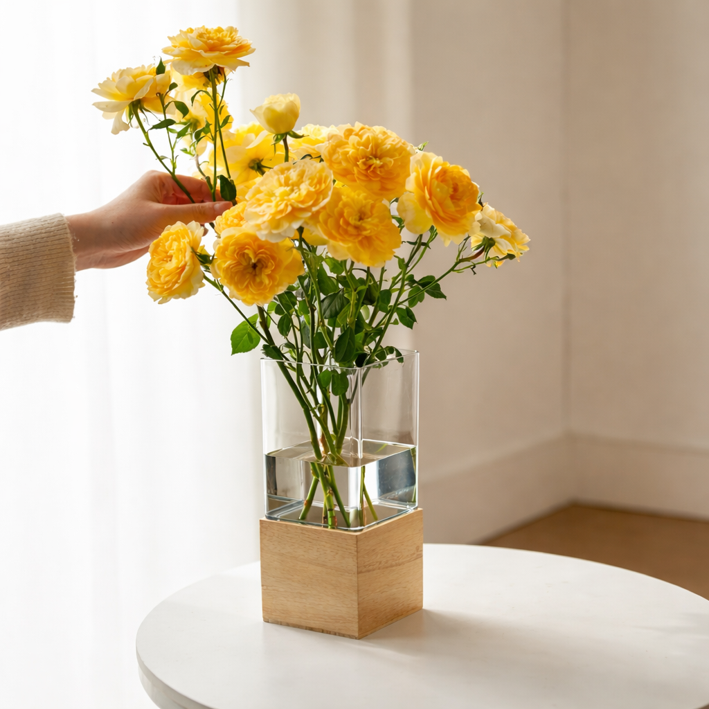 ljuslykta använd som vas med gula blommor