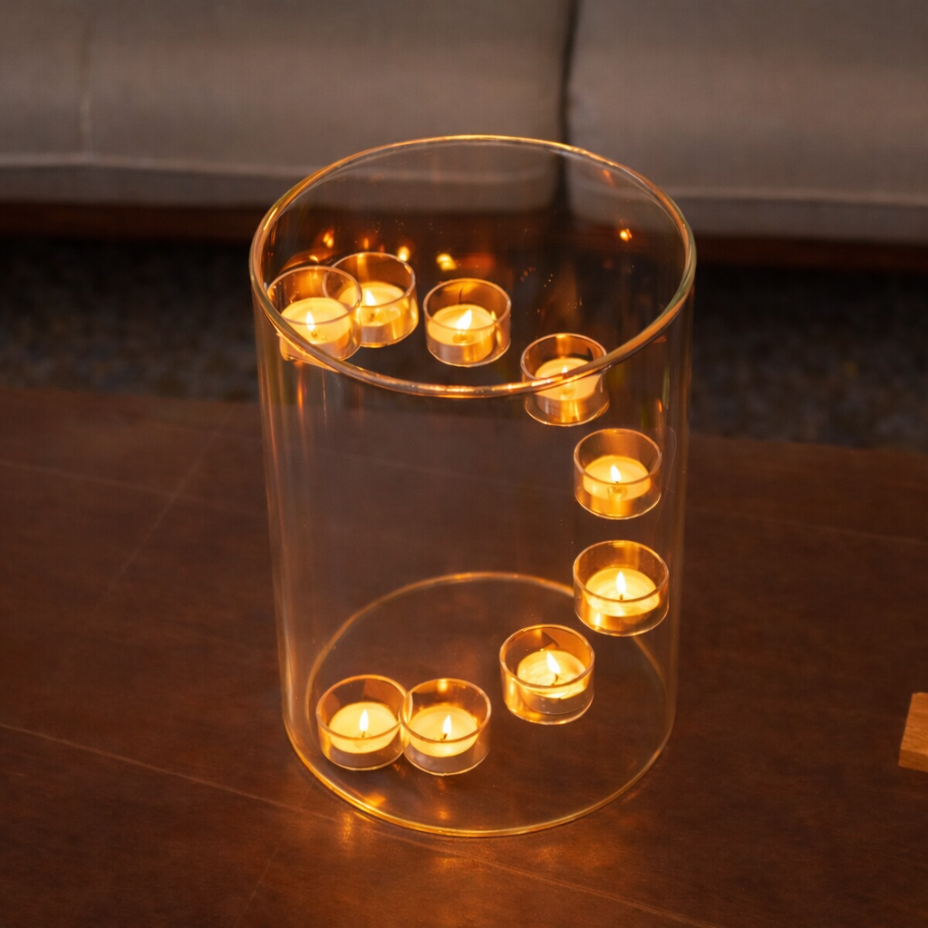 glasljuslykta med spiral av tända värmeljus fotograferad uppifrån