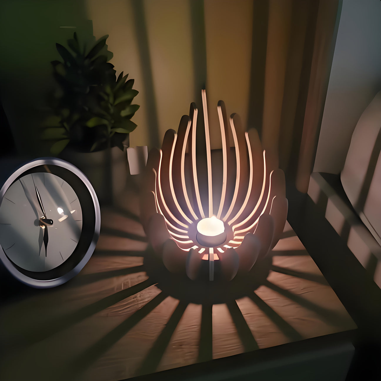 Handgjord ljuslykta i trä – bohemisk lotusdesign