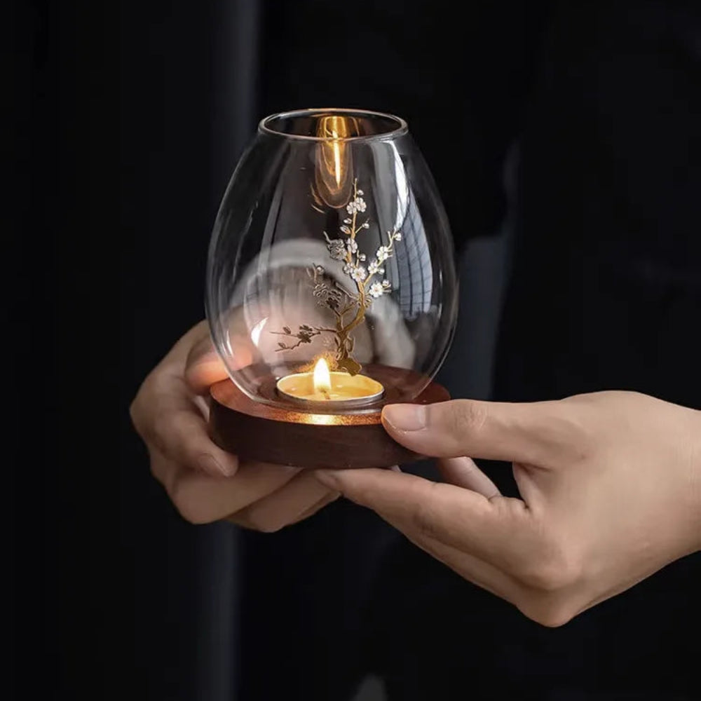 Ljuslykta med träbas - Dark wood