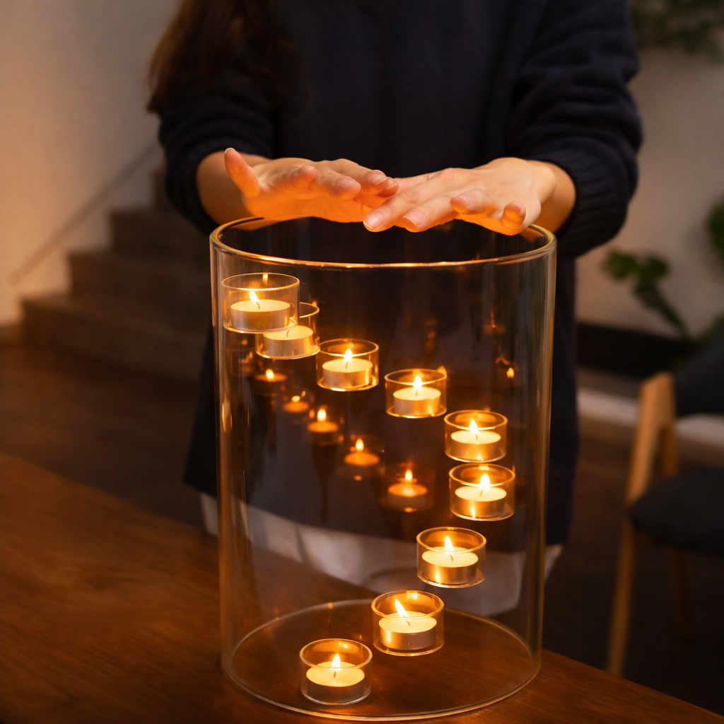 glasljuslykta med tända värmeljus och händer ovanför