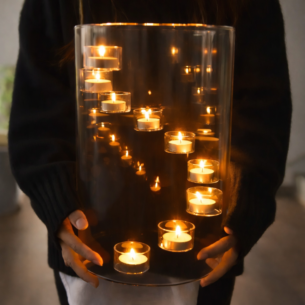 person håller stor glasljuslykta med tända värmeljus