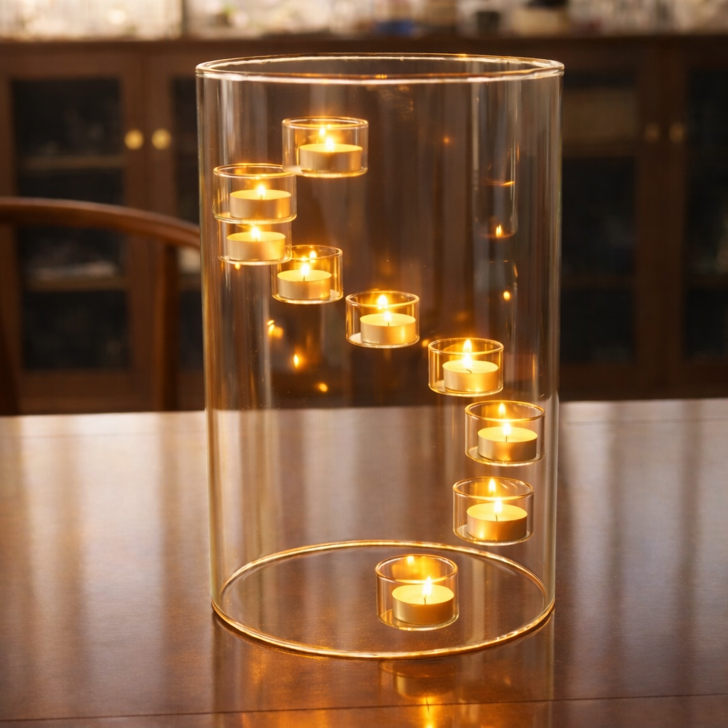 glasljuslykta med tända värmeljus på träbord