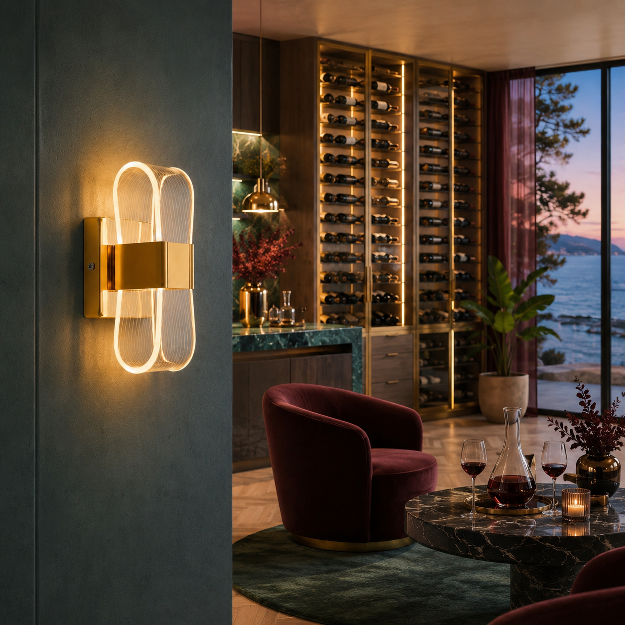 LED vägglampa i guld metall med modern design | skandinavisk design