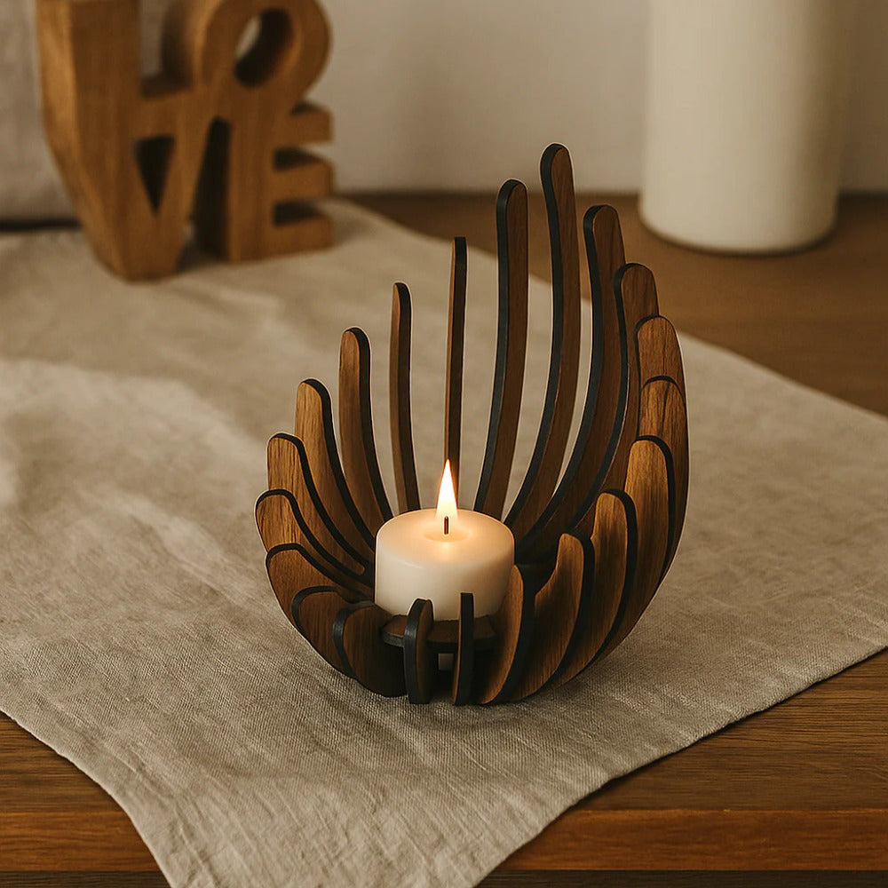 Handgjord ljuslykta i trä – bohemisk lotusdesign