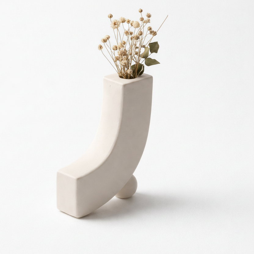 skulptural curve vas i matt beige keramik framifrån