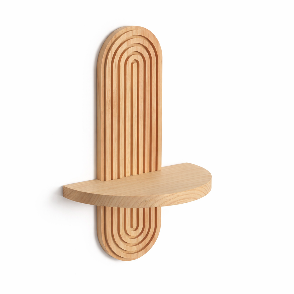 vägghylla i naturfärgat trä med regnbågsdesign