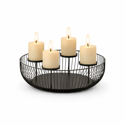 svart adventsljusstake i metall med fyra ljusplatser