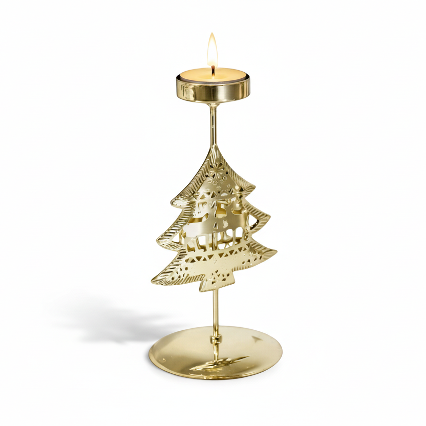 guldfärgad julgran ljuslykta i metall med skugga