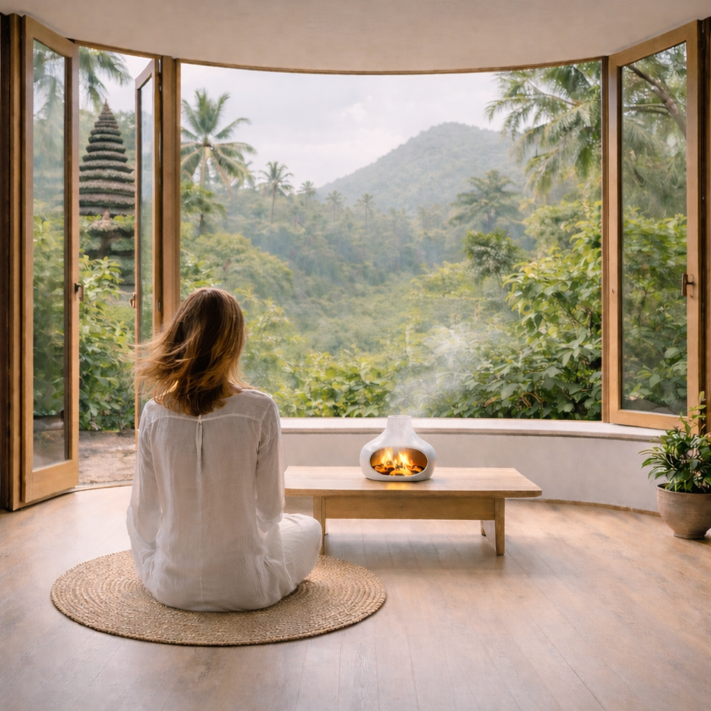 kvinna sitter inomhus med eldstad och tropisk utsikt