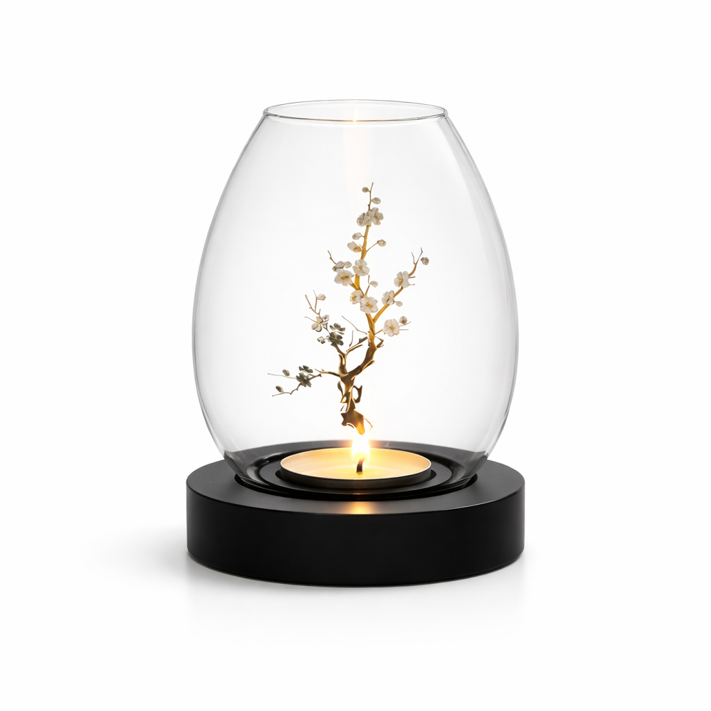 svart ljuslykta i glas med träbas