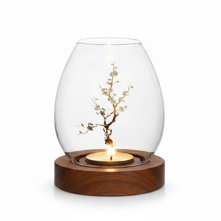 glaslykta med träbas och värmeljus