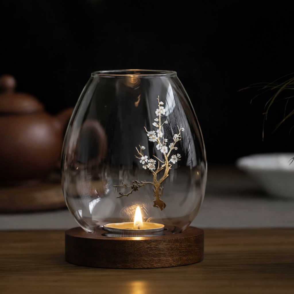 ljuslykta i glas på bord miljöbild