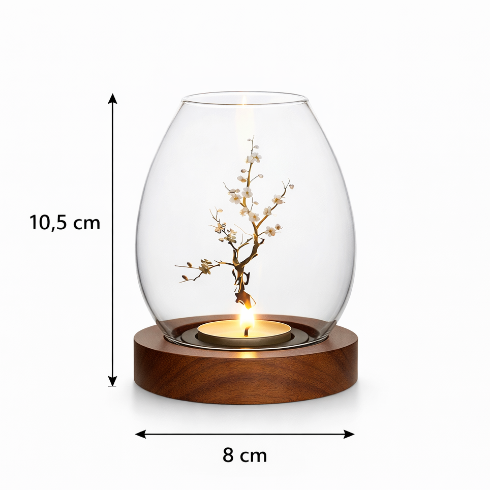 ljuslykta i glas med träbas måttbild