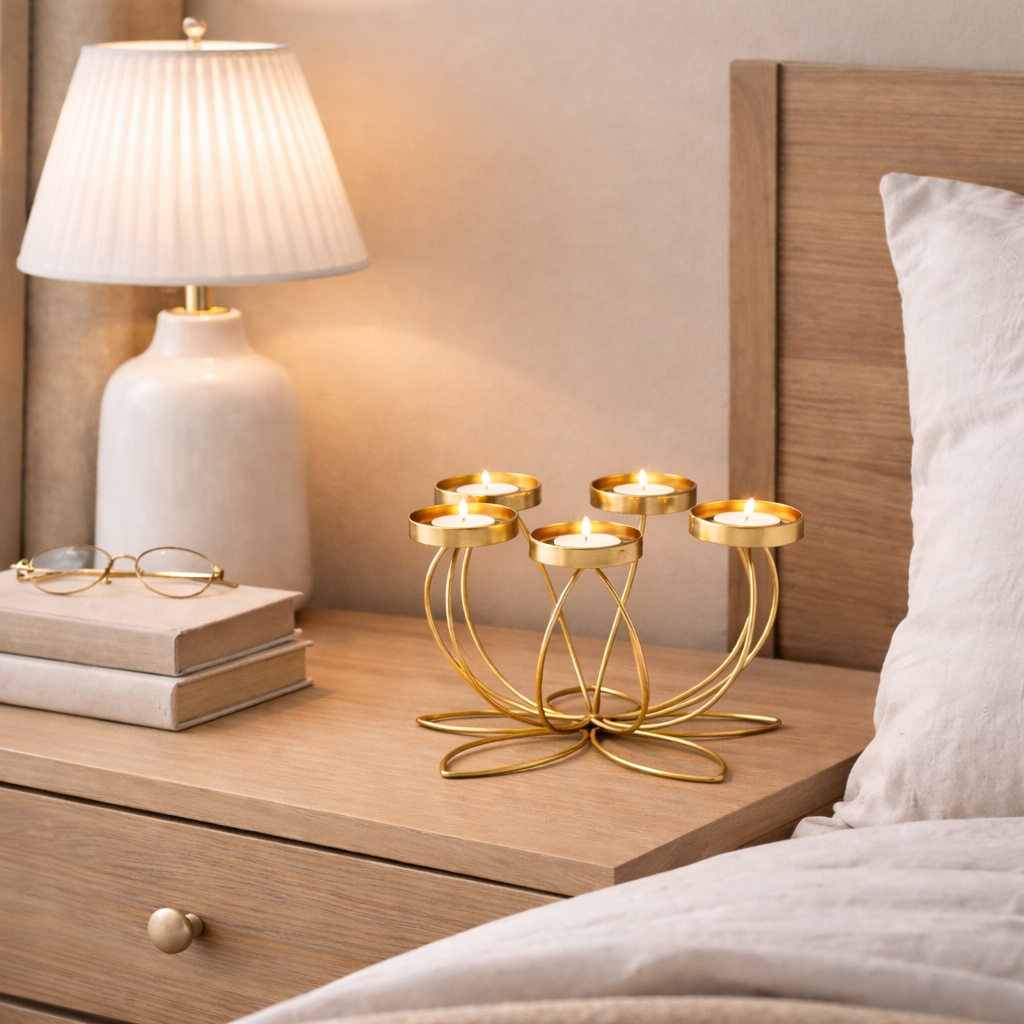 ljushållare guld på sängbord