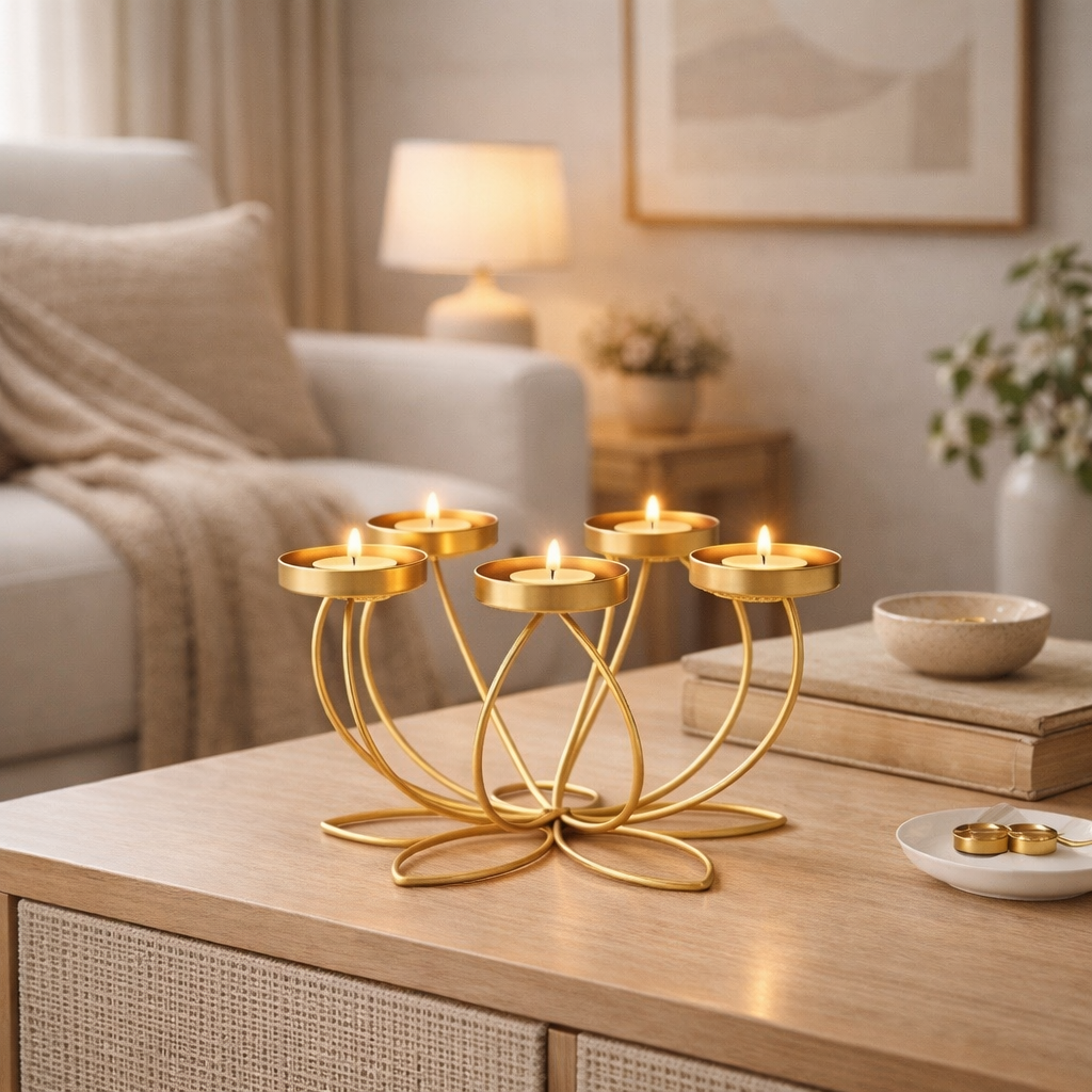 ljushållare guld på vardagsrumsbord