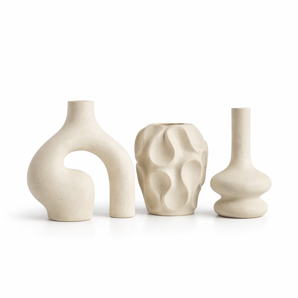 skulpturala vaser i matt beige keramik på vit bakgrund