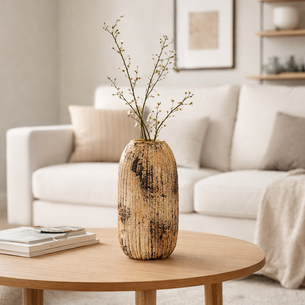 keramikvas på soffbord i varm inredningsmiljö