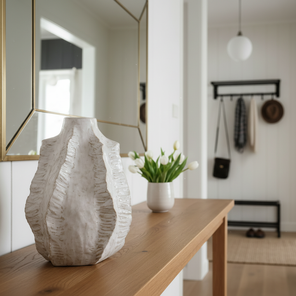 vit keramikvas på hallbord interiör