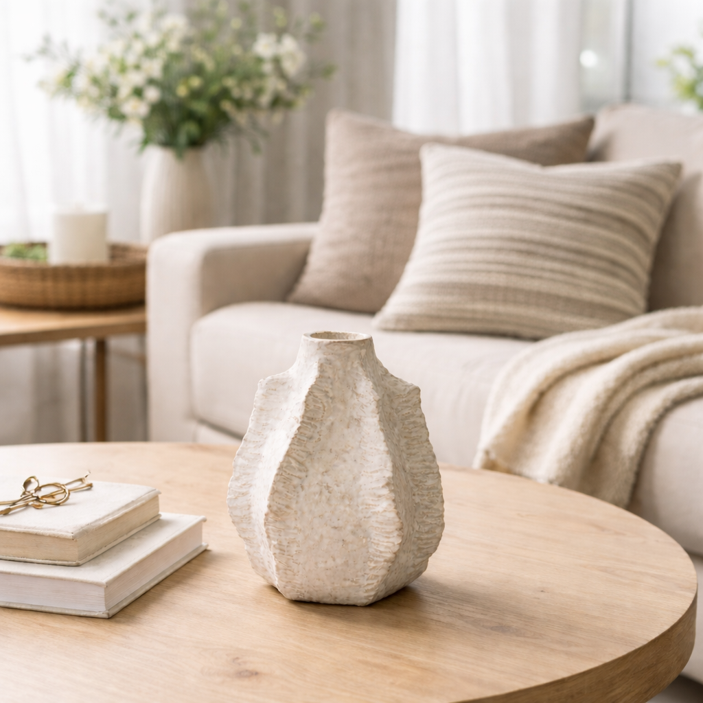 vit keramikvas på bord vardagsrum
