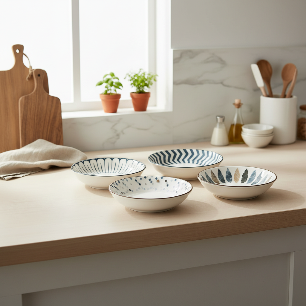 keramikskålar på vit köksbänk