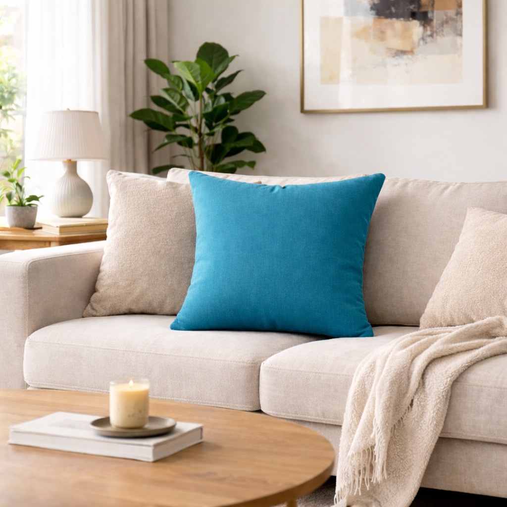 turkos kudde på soffa vardagsrum inredning