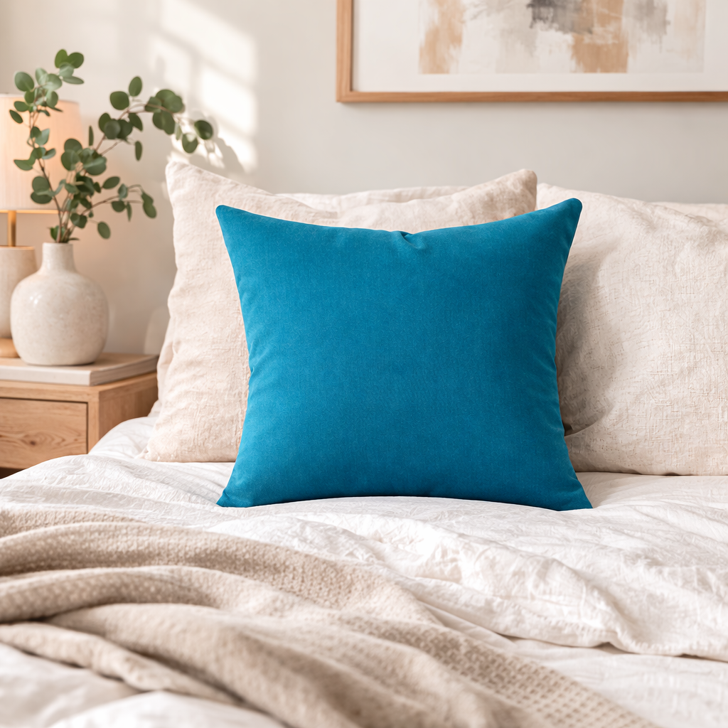 turkos kudde på säng sovrum inredning