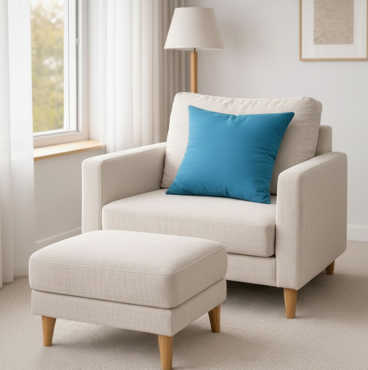 turkos kudde på fåtölj modern inredning