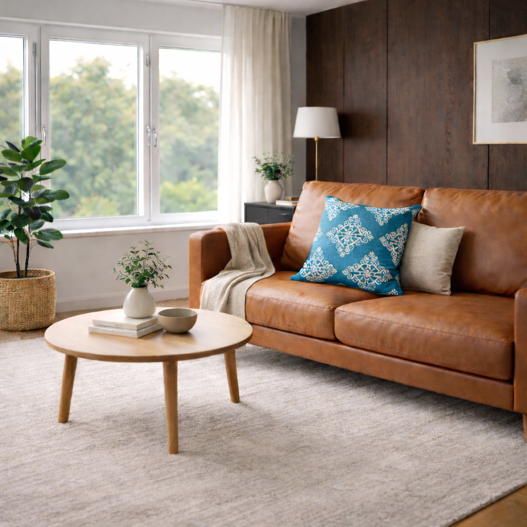 turkost damask kuddfodral på brun soffa