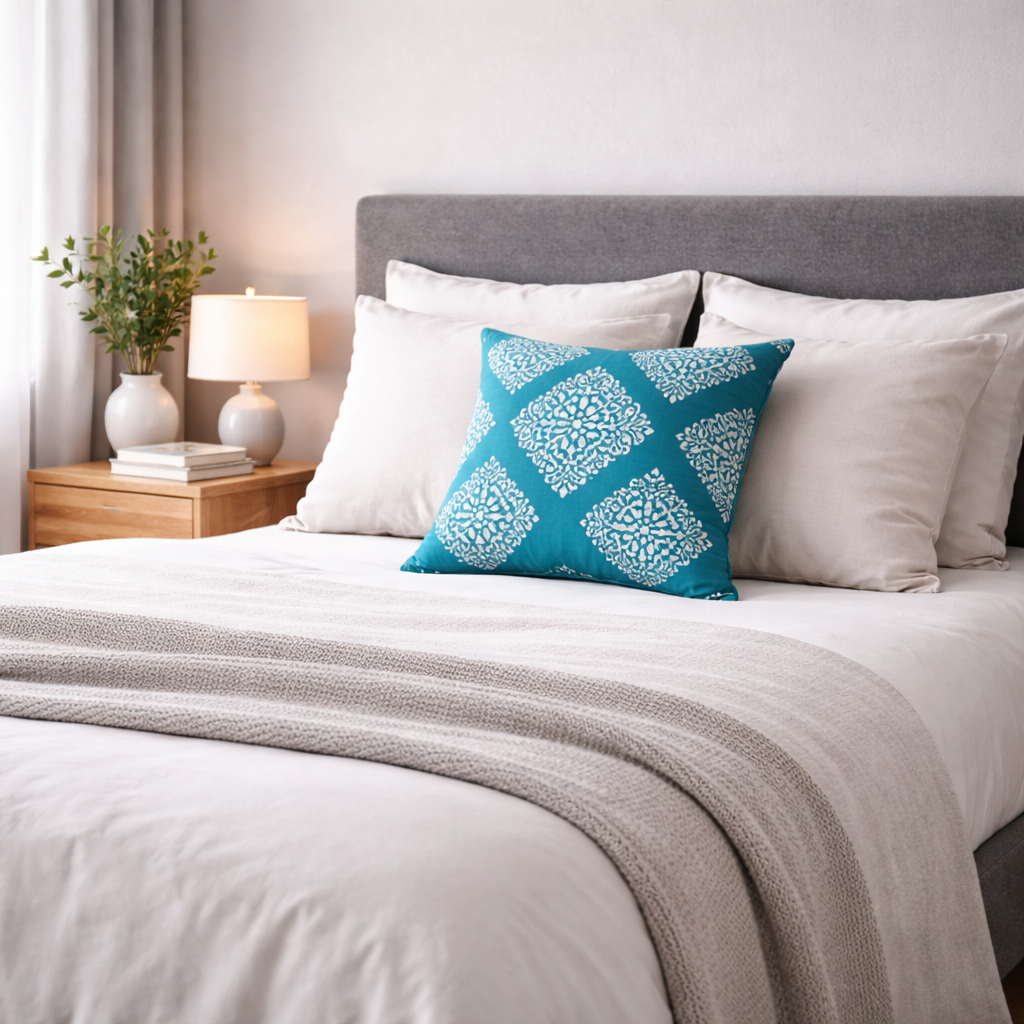 turkost damask kuddfodral på hotellsäng
