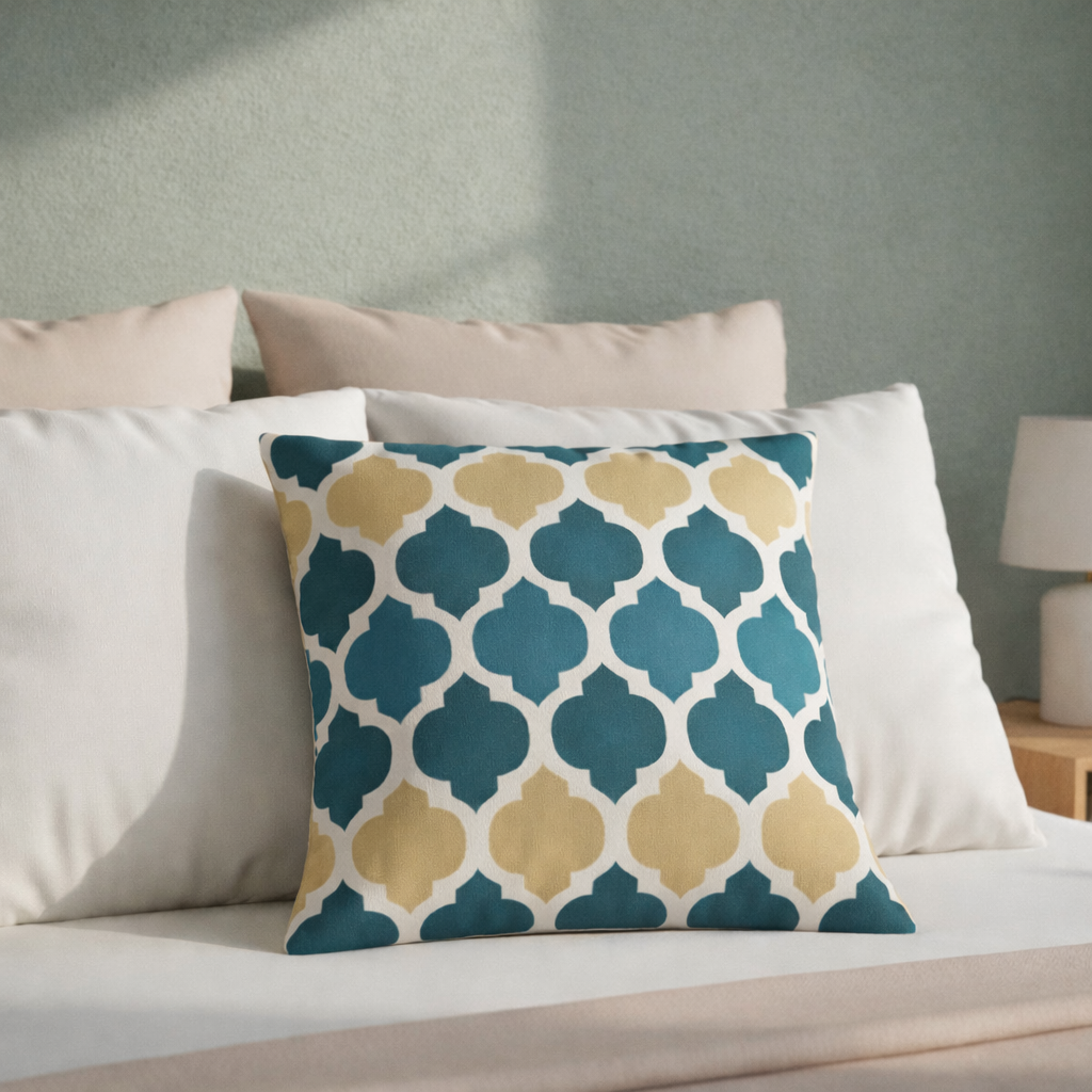 turkost kuddfodral morocco mönster på säng