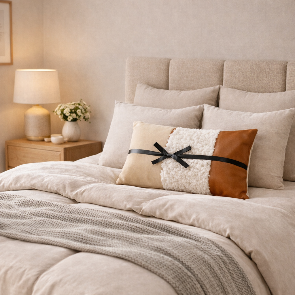 beige kuddfodral med läderdetalj på säng