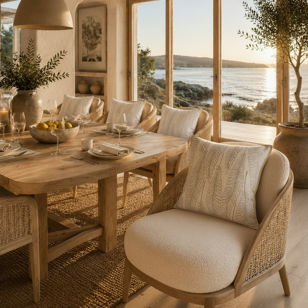 beige mönsterkudde i matrum vid havet
