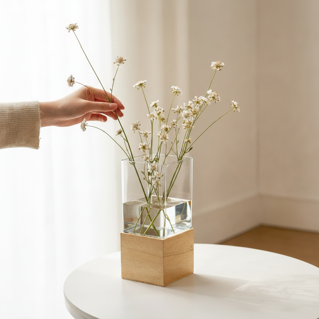 vas i glas med träbas skandinavisk design