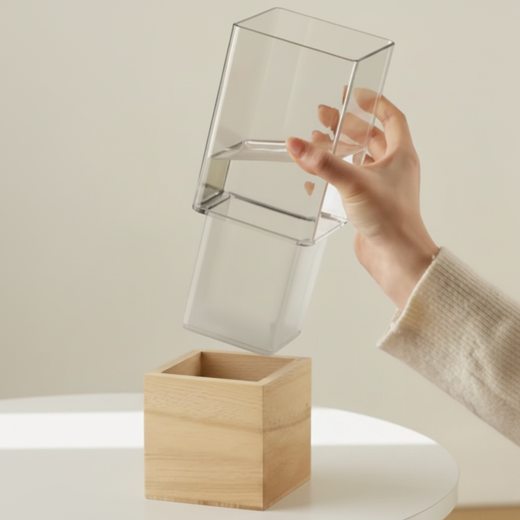 glasvas lyfts ur träbas visar 2 i 1 funktion