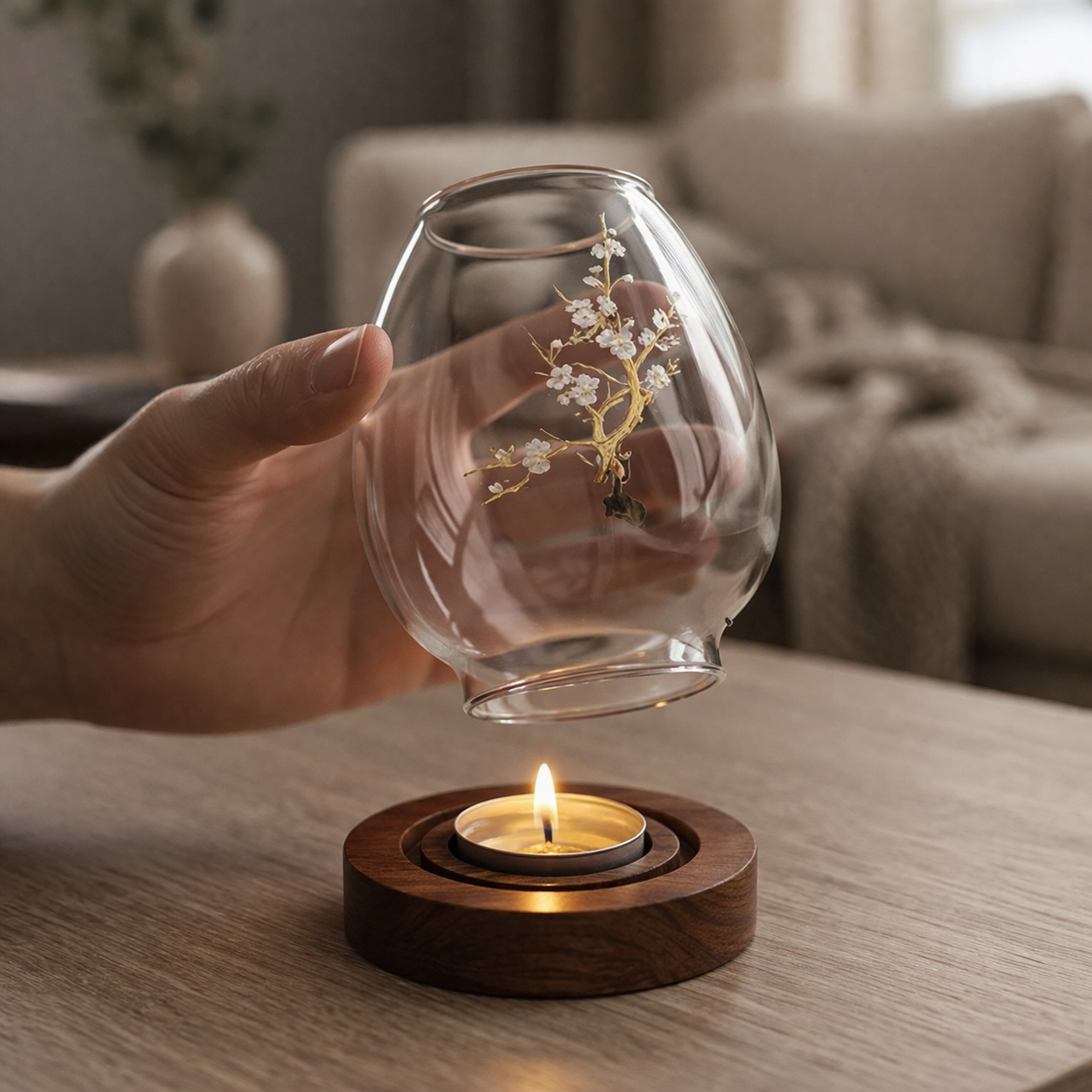 glaslykta öppnas hand lyfter glas träbas