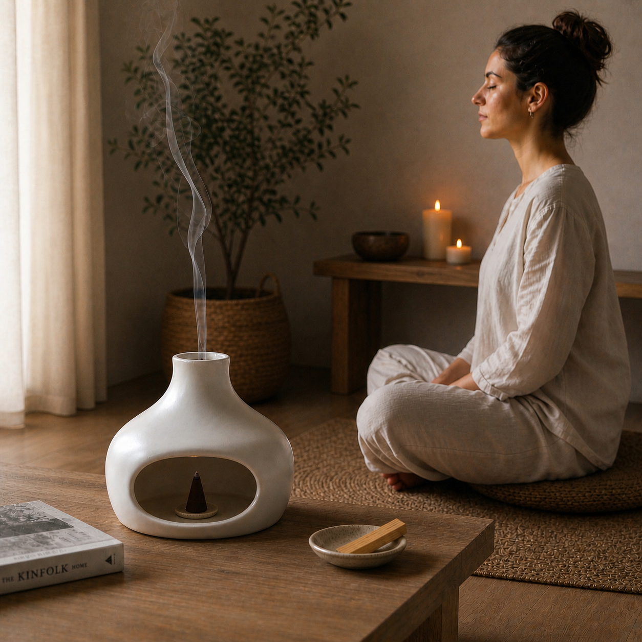 rökelsehållare keramik med rök meditation lugn miljö