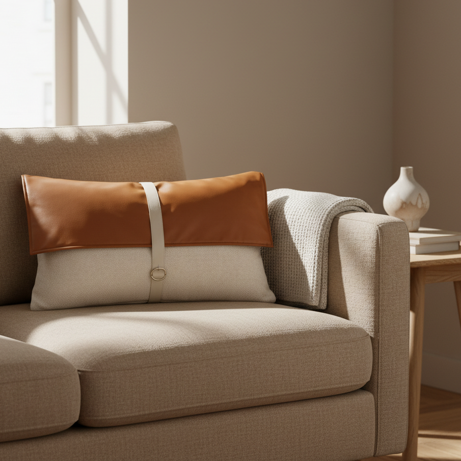 kuddfodral på soffa varm beige ton