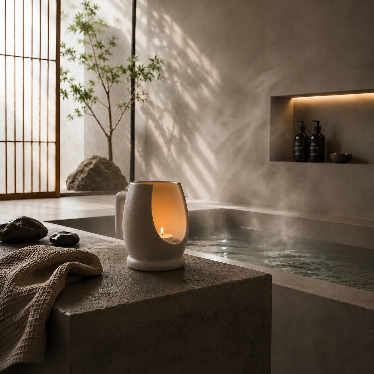 vit keramisk ljushållare i badrum med spa känsla