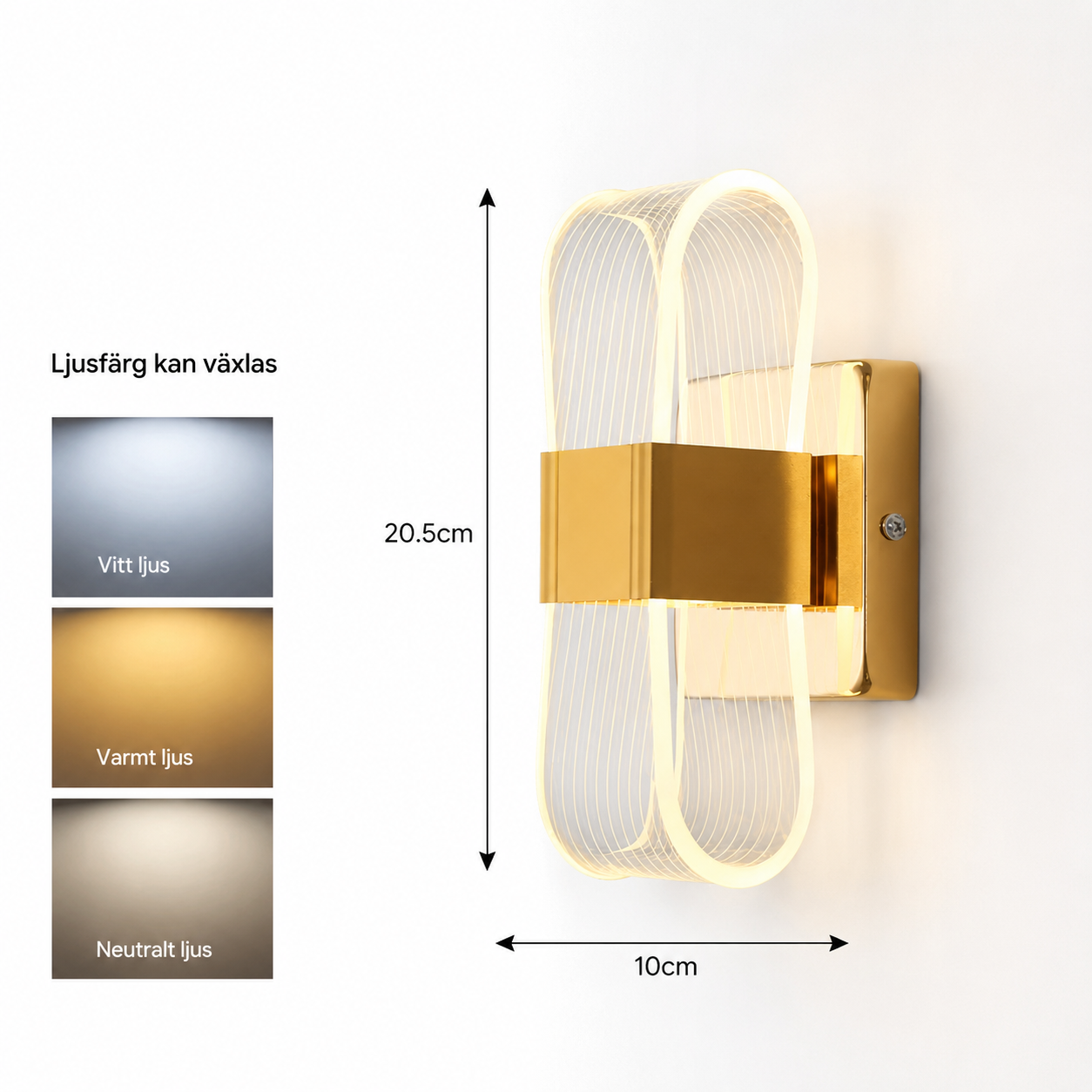 modern vägglampa i guld med justerbar ljusfärg och måttbild