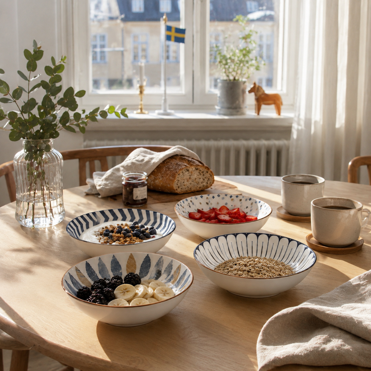 mönstrade skålar på frukostbord