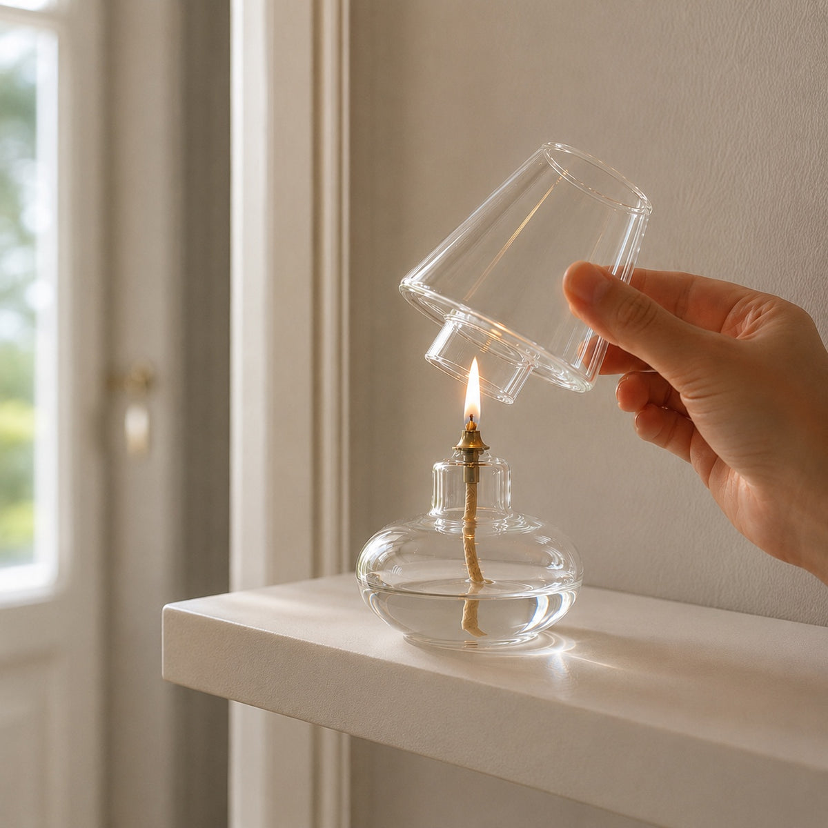 hand som tänder oljelampa i glas