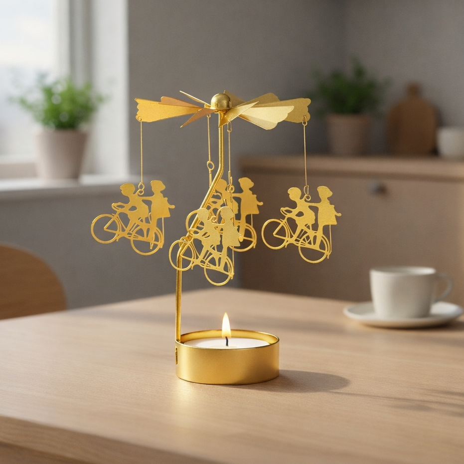 guld änglaspel cykelmotiv på köksbord