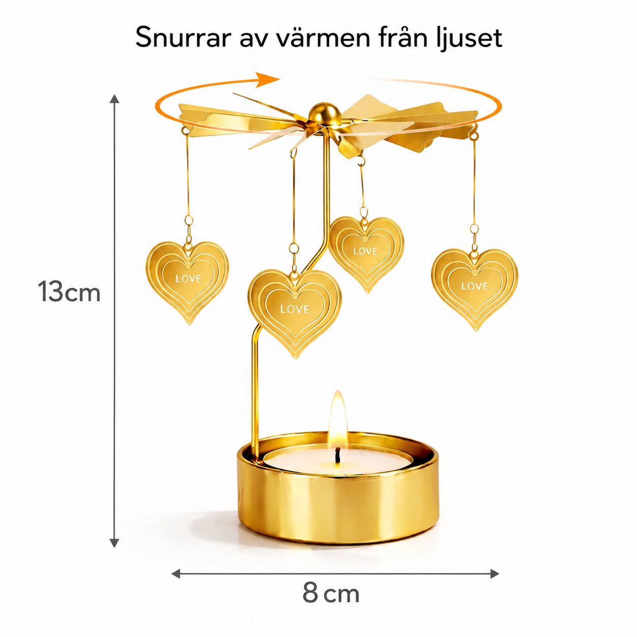 roterande ljushallare med hjärtan i guld och måttangivelser