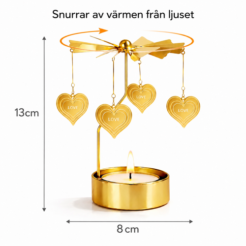 roterande ljushallare med hjärtan i guld och måttangivelser
