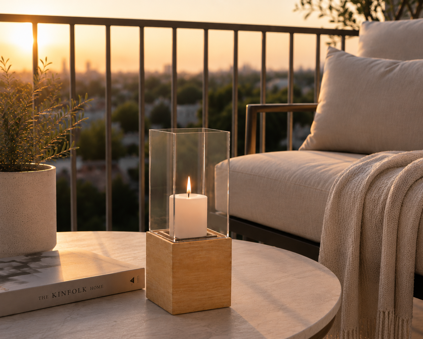 trälykta i glas på balkong i golden hour