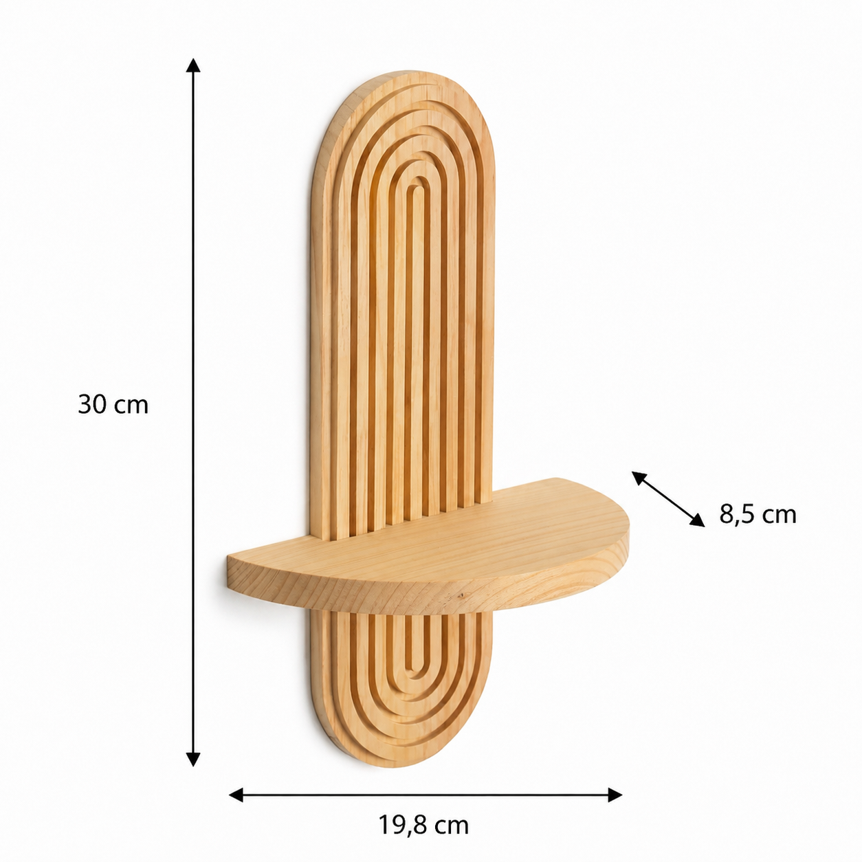 måttbild trävägghylla 1 plan regnbågsform