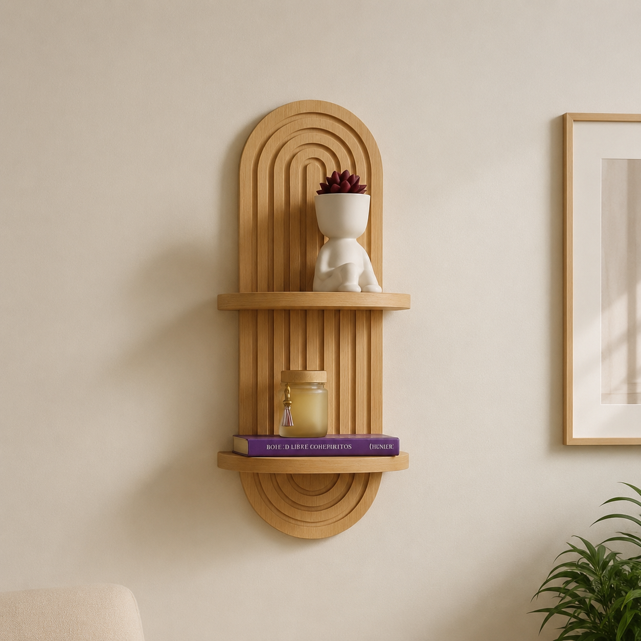 trävägghylla med två plan stylad i minimalistiskt rum