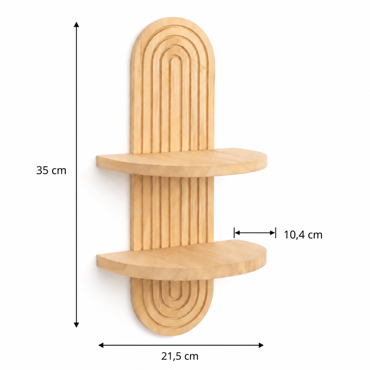 vägghylla i trä med mått 35 cm höjd 21,5 cm bredd 10,4 cm djup